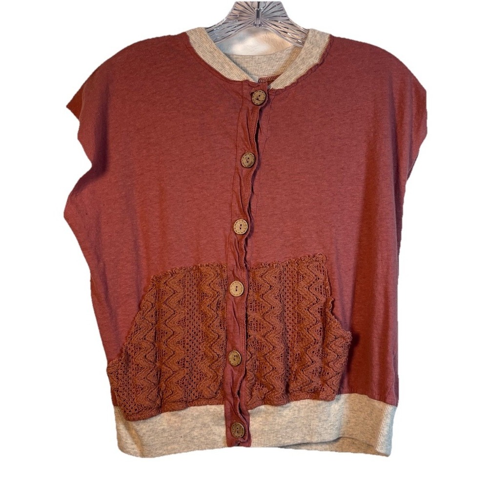 POL Sz S Top Women's Linen Blend Blouse Crochet Lace Rose Brown Boho Buttons